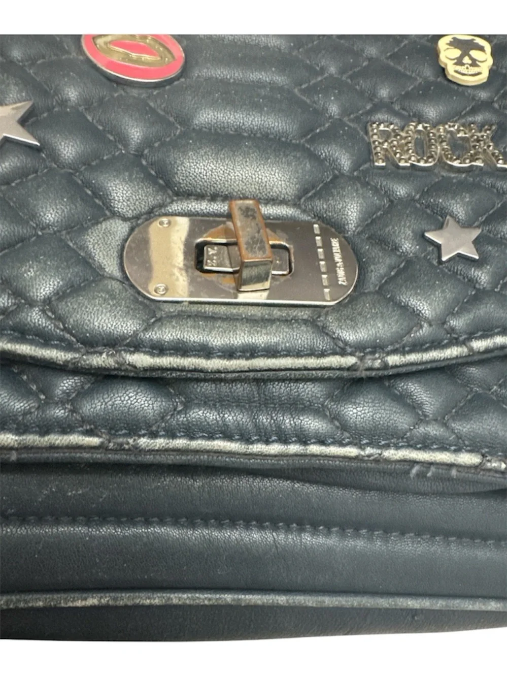 Zadig & Voltaire Black Quilted Chain Shoulder Bag with Enamel Pins